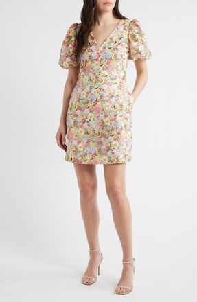 Eliza J Embroidered Puff Sleeve Cocktail Dress in Multi Floral Ivory at Nordstrom, Size 10