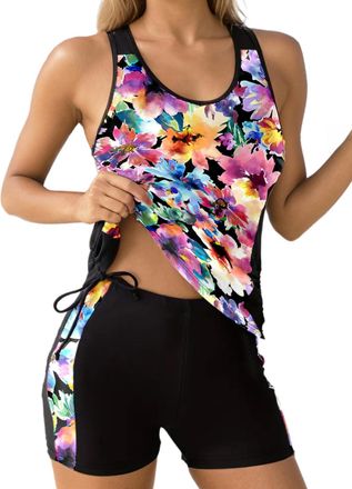 Dokotoo Womens Tankini Sets Two Piece Tops with Shorts Swimsuits for Women Bathing Suits Floral Printed Beach Vacation Clothes Tummy Control Swimwear Womens S