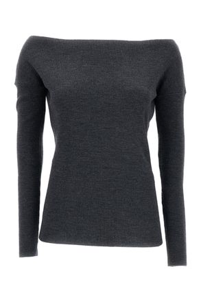 P.A.R.O.S.H. Grey Ribbed Wool Off-Shoulder Top