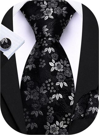 Barry.Wang Mens Black Grey Tie Silk Floral Necktie Pocket Square Cufflinks Set Classic Wedding Party