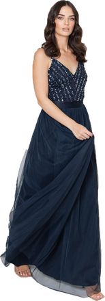 Maya Womens Ladies Maxi Dress Long Length Wedding Guest Bridesmaid Prom Summer Evening Gown V Neck Straps Bow Tie, Navy, 16