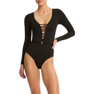 Sea Level Australia Lattice Long Sleeve One-Piece Rashguard Swimsuit in Black at Nordstrom Rack, Size 12
