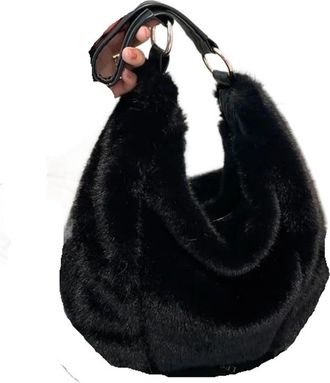 Generic Womens Plush Bags Plush Tote Bag Autumn Winter Women Casual Furry Handbag Large Capacity Soft Polyester Single Shoulder(Black)