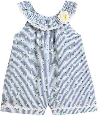 Pippa & Julie Kids Lisa Daisy Stripe Romper in Blue/white at Nordstrom, Size 6-9M