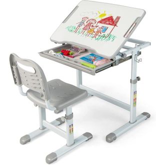 Costway Costway - Set Escritorio Y Silla Para Ni&ntilde;os, Set Mesa Con Altura Regulable Para Ni&ntilde;os Y Superficie Inclinable, Caj&oacute;n Extra&iacute;ble, Gancho De Metal, Set D