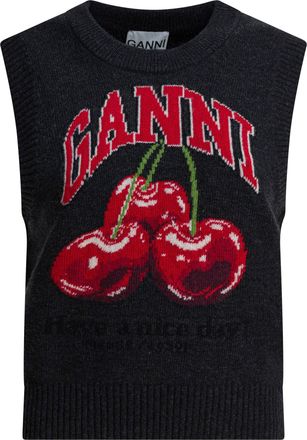 Ganni Wool Vest With Logo Knitwear Nero-Donna