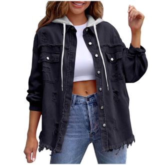 Generic Hooded Denim Jackets Women Long Sleeve Button Down Jean Jackets Casual Loose Shirts Ripped Distressed Western Boyfriend Coats Oversized Frayed Hem Fal