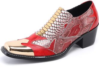 Generic Mens Genuine Leather Dress Loafers Metal Toe Slip On Formal Composite Snake Print Luxury Wedding Fashion Shoes (Red,11.5)