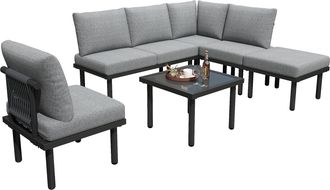 STILVORA Conjunto De Jard&iacute;n De 6 Plazas En Olefinas Con Mesa, Sof&aacute;, 2 Sillones, Taburete Y Cojines, Gris