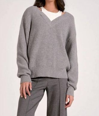 Elan Ashtin Deep V Neck Sweater In Grey / White