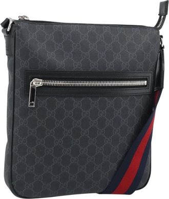 Gucci Sherry Line Shoulder Leather Black Canvas Handbag (Pre-Owned)