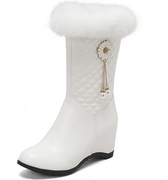 Generic Womens Round Toe Hidden Wedge Heel Winter Snow Boots with Side Zipper Warm Short Booties (White,7.5)