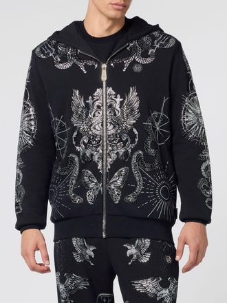 Philipp Plein Felpa con cappuccio e zip in cotone con stampa Skull e strass