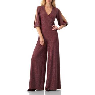 Ivonne Shimmering V-Neck Jumpsuit with 3/4 Sleeves in Wine at Nordstrom, Size Medium