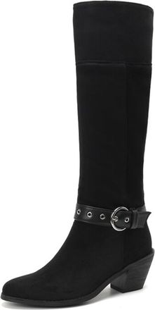 Generic Womens Slouchy Pointed Toe Faux Suede Knee High Boots Buckle Strap Chunky Heel Boots Stylish Comfortable for Fashion Party Daily,Black,3.5 UK