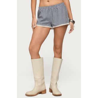 Edikted Ellie Gingham Lace Trim Shorts in White-And-Navy at Nordstrom, Size X-Large