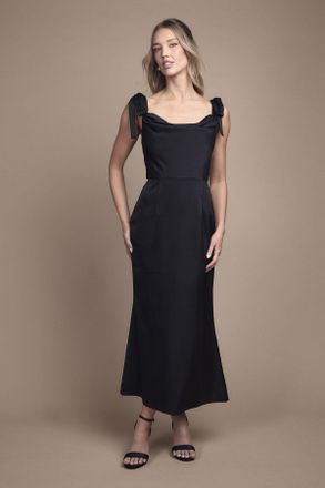 Oasis Womens Satin Tie Shoulder Cowl Front Midi Bridesmaid Dress - Black - Size 16 UK