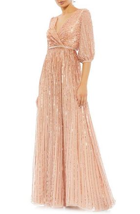 Mac Duggal Sequined Wrap Over 3/4 Sleeve Gown in Apricot at Nordstrom, Size 16