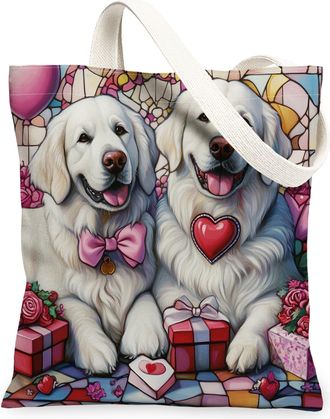 Generic Valentines Day Great Pyrenees Dog Canvas Tote Bag for Shopping 13x15, Stained Glass Puppy Reusable Grocery Print Pattern Bag for Women, Couple Beach A