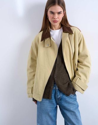 Topshop Giacca beige slavato con zip sul davanti e colletto in velluto a coste a contrasto-Neutro