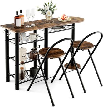 Costway Costway - Juego De Comedor De 3 Piezas, Mesa De Comedor Retro Y 2 Sillas Plegables, Estante De Almacenamiento De 4 Niveles, Estructura De Metal, Juego