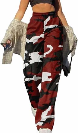 Generic High Waist Straight Leg Cargo Camo Pants for Women Loose Fit Summer Trendy Streetwear Long Trousers with Multi Pockets Ladies Solid Plain Casual Draws