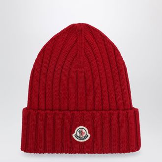 Moncler Berretto in lana a trecce bordeaux con logo