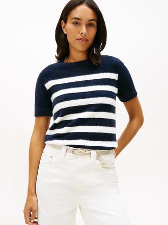 Tommy Hilfiger Womens Stripe Short-Sleeve Fuzzy Sweater - Navy - XS