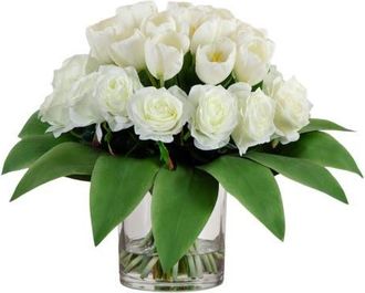 Nearly Natural Wedding Collection 20-in Artificial Roses and Tulips Arrangement in Glass Vase in Green/white at Nordstrom