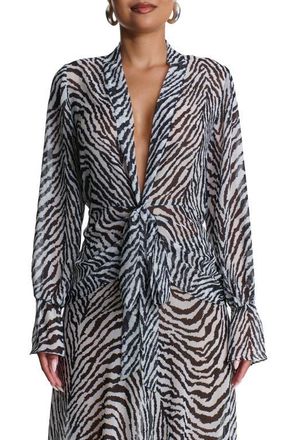 Naked Wardrobe Plunge Tie Front Chiffon Top in Zebra White/Black at Nordstrom, Size X-Large