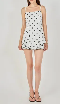 endless rose Polka Dot Lace Trimmed Romper in Ivory/black at Nordstrom, Size X-Small