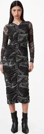 AllSaints Womens Polyester Keiko Mesh Gathered V-Neck Midi Dress, Size: UK 16/US 12