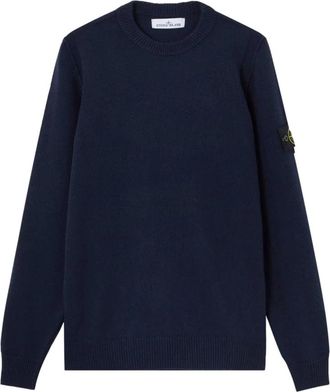 Stone Island Logo Patch Crewneck Sweater - Heren - Ronde hals truien - Blauw - M - Wol - Truien & Vesten