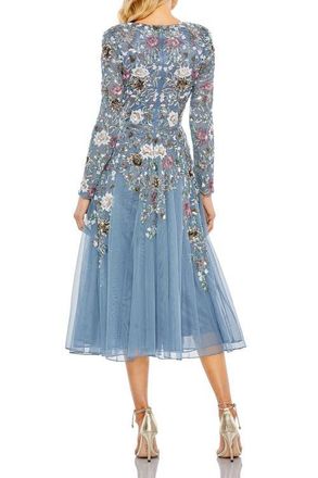 Mac Duggal Hand Embellished Floral V Neck Long Sleeve Dress in Slate Blue Multi at Nordstrom, Size 18