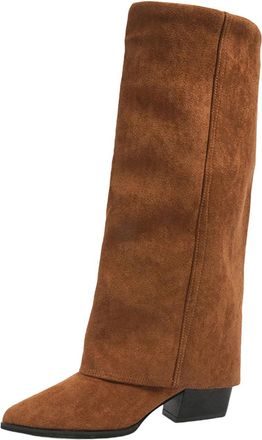 Generic Knee High Boots Women Wide Calf Long Booties Solid Color Pointed Toe Stylish Chunky Heel Comfortable Pull On Fold Over Boots Parties Outdoor