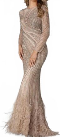 Terani Couture Long Sleeve Mermaid Embellished Gown In Taupe