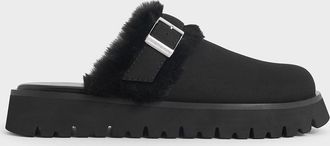 Charles & Keith Hannah Textured Fur-Trim Buckled Mules
