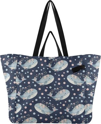 Generic Cute Whales Flowers Blue pattern Reusable Canvas Tote Bag, Heavy Duty Grocery Shopping Bag with Double Handles Hard Bottom Large Capacity Work Groceri