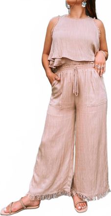 Gilli Linen Cropped Top And Frayed Wide Leg Pant Set In Tan