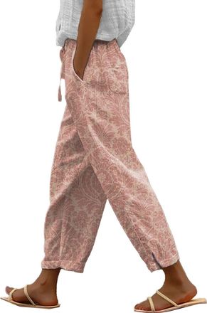 Generic Womens Autumn Linen-Print Casual Trousers with Elastic Belt & High Waist Pockets, Soft Hemp-Blend Pants for Creative Workshops, Farmers Markets & Earl
