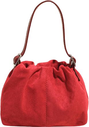 Generic Faux Suede Shoulder Bags Vintage Pleated Handbag Bucket Bag for Women (Red)