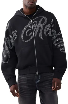 True Religion Crystal Logo Boxy Zip Hoodie in Jet Black at Nordstrom, Size Xxx-Large
