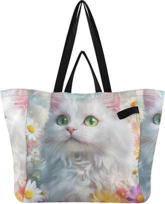 Generic White Cat Floral print Reusable Canvas Tote Bag, Heavy Duty Grocery Shopping Bag with Double Handles Hard Bottom Large Capacity Work Groceries Travel