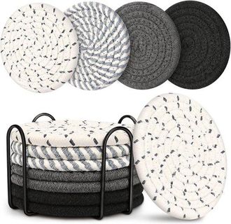 OEM Juego De 8 Posavasos (incluye Soporte De Almacenamiento), Juego Minimalista De Posavasos De Algod&oacute;n Tejido, Di&aacute;metro 11 Cm