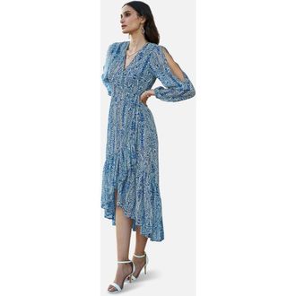 Yumi Paisley Dipped Hemline Midi Dress in Blue at Nordstrom, Size 12