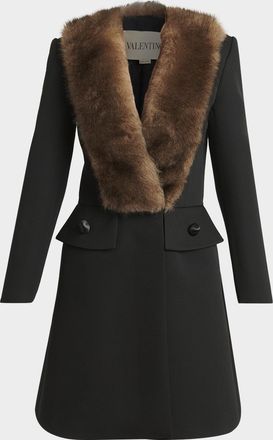 Valentino Garavani Faux Fur Lapel Tailored A-Line Coat