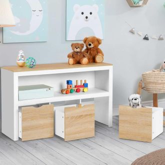IDMarket Mueble De Almacenaje Infantil Mana Blanco Y Haya Con 3 Cajones C&uacute;bicos Con Ruedas
