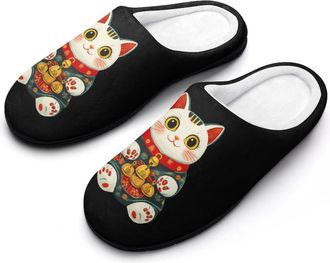 Generic Japanese Lucky Cute Cat Fashion Cotton Slippers for Women Memory Foam House Slippers Non-Slip House Bedroom Shoes