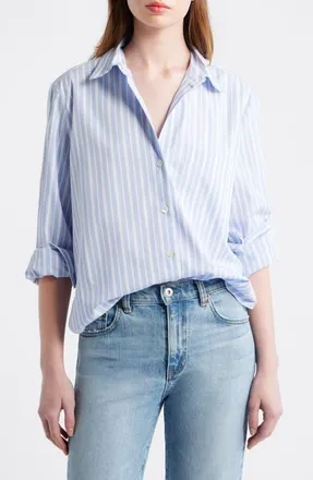 Madewell The Signature Stripe Cotton Poplin Y-Neck Shirt The Signature Y-Neck Shirt in Poplin in Tranquil Blue at Nordstrom, Size Xx-Large