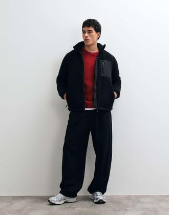 Only & Sons pile sherpa imbottito con tasca a contrasto, nero